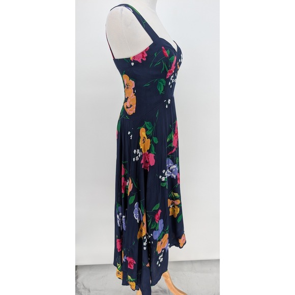 Maeve Vivienne Floral Midi Dress 2 Navy Blue Handkerchief Hem Cottagecore Boho - Picture 5 of 13